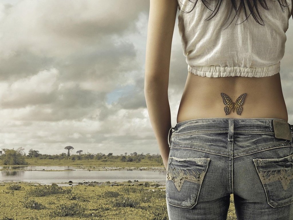 Обои девушка, бабочка, джинсы, спина, татуировка, girl, butterfly, jeans, back, tattoo разрешение 1920x1080 Загрузить