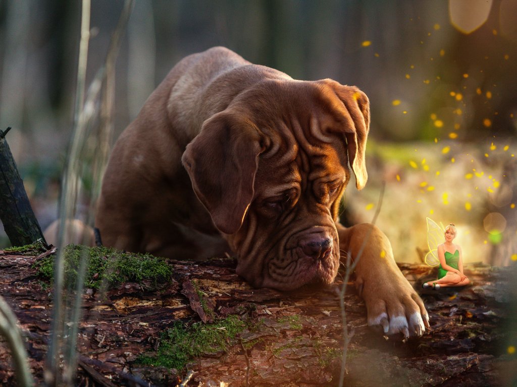 Обои природа, собака, фея, животное, пес, бревно, коллаж, бордоский дог, дог, nature, dog, fairy, animal, log, collage, dogue de bordeaux разрешение 2048x1366 Загрузить