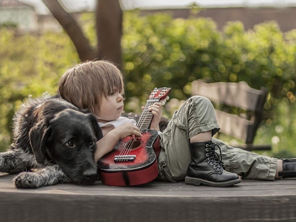 Обои гитара, собака, мальчик, друзья, ботинки, guitar, dog, boy, friends, shoes разрешение 1920x1080 Загрузить