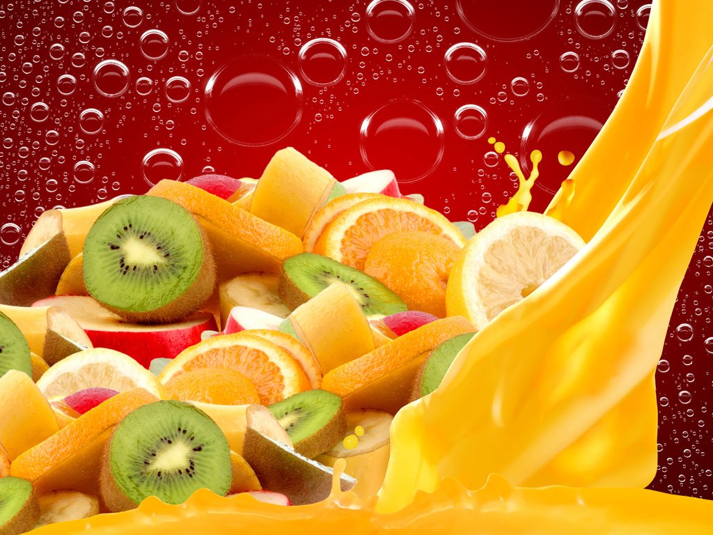 Обои капли, сок, фрукты, яблоки, апельсины, пузыри, дольки, киви, цитрусы, drops, juice, fruit, apples, oranges, bubbles, slices, kiwi, citrus разрешение 5120x3415 Загрузить