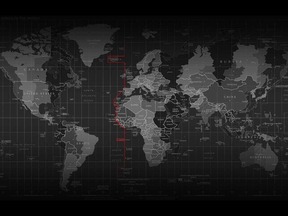 Обои черно-белая, карта, часовые пояса, black and white, map, time zones разрешение 2560x1600 Загрузить