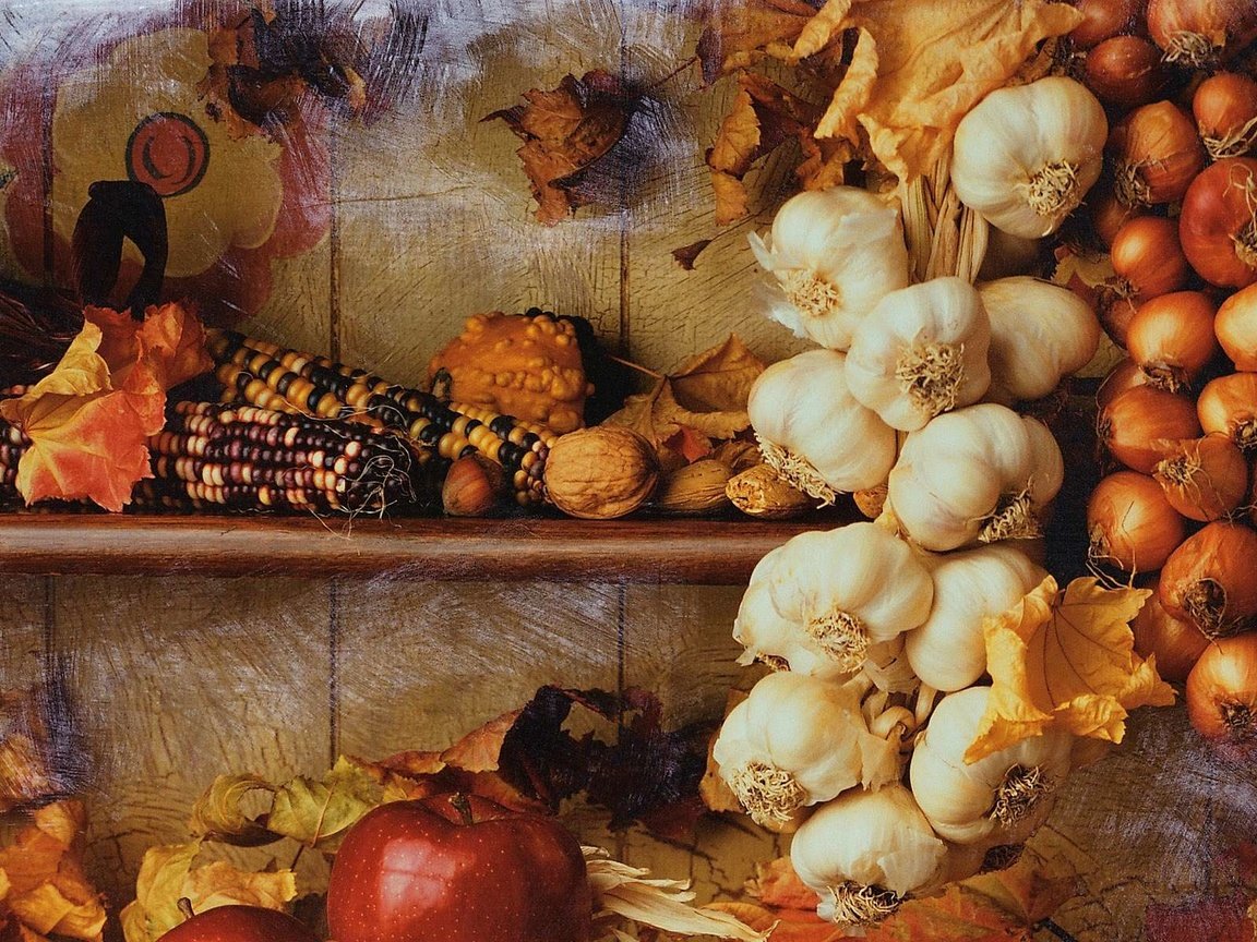 Обои орехи, чеснок, яблоки, осень, лук, кукуруза, урожай, овощи, натюрморт, nuts, garlic, apples, autumn, bow, corn, harvest, vegetables, still life разрешение 1920x1200 Загрузить