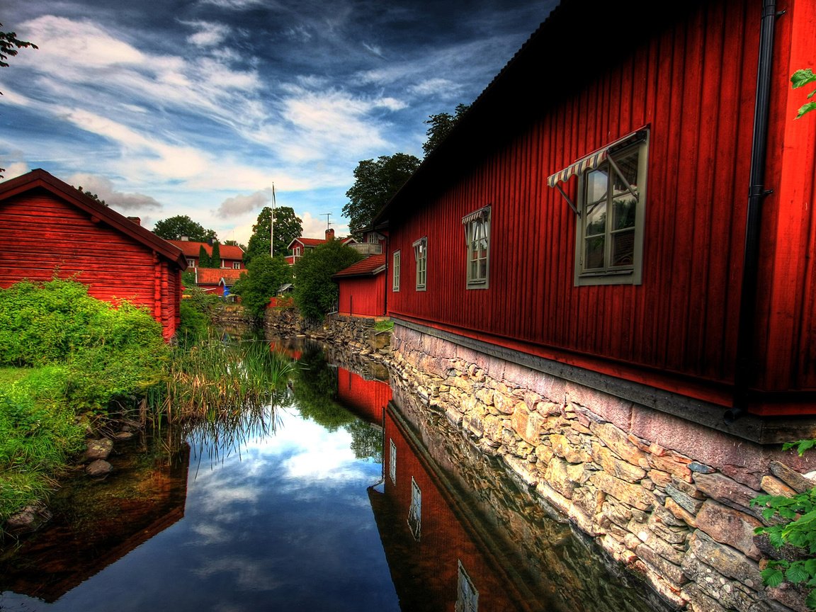 Обои вода, зелень, дома, швеция, пасмурно, вестманланд, water, greens, home, sweden, overcast, vastmanland county разрешение 1920x1080 Загрузить