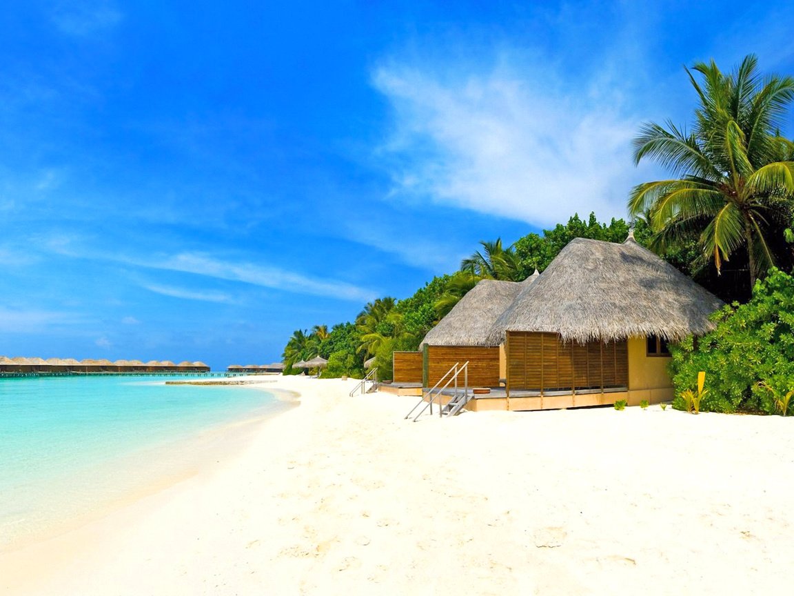 Обои пляж, бунгало, тропики, мальдивы, beach, bungalow, tropics, the maldives разрешение 2560x1920 Загрузить