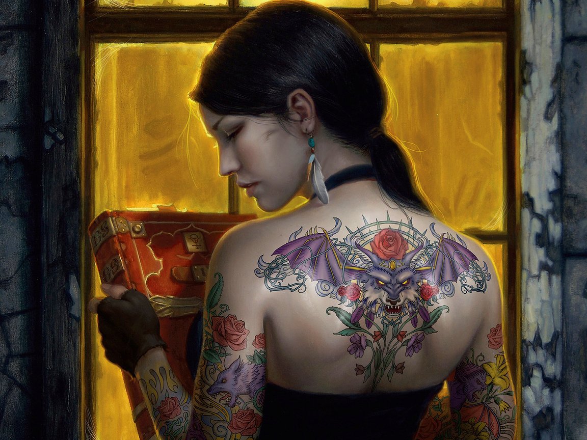 Обои арт, девушка, спина, окно, татуировка, книга, цветная, art, girl, back, window, tattoo, book, color разрешение 1920x1200 Загрузить