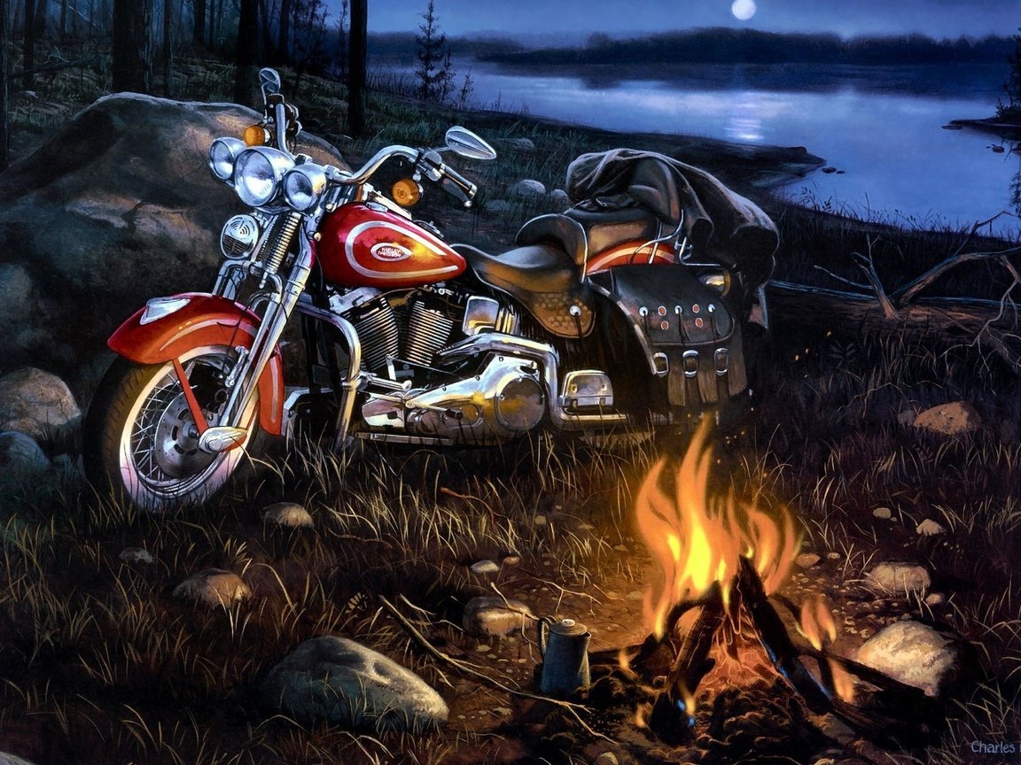 Обои арт, река, пейзаж, мотоцикл, костёр, harley-davidson, art, river, landscape, motorcycle, the fire разрешение 1920x1200 Загрузить