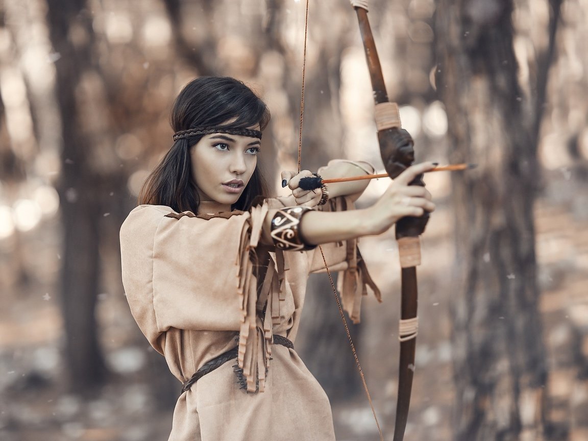 Обои девушка, платье, лук, стрела, girl, dress, bow, arrow разрешение 2048x1392 Загрузить