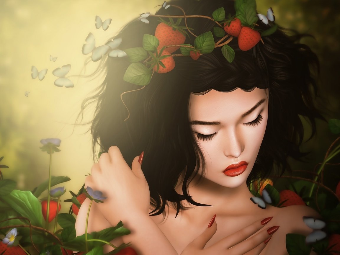 Обои девушка, брюнетка, грусть, клубника, бабочки, girl, brunette, sadness, strawberry, butterfly разрешение 2048x1376 Загрузить