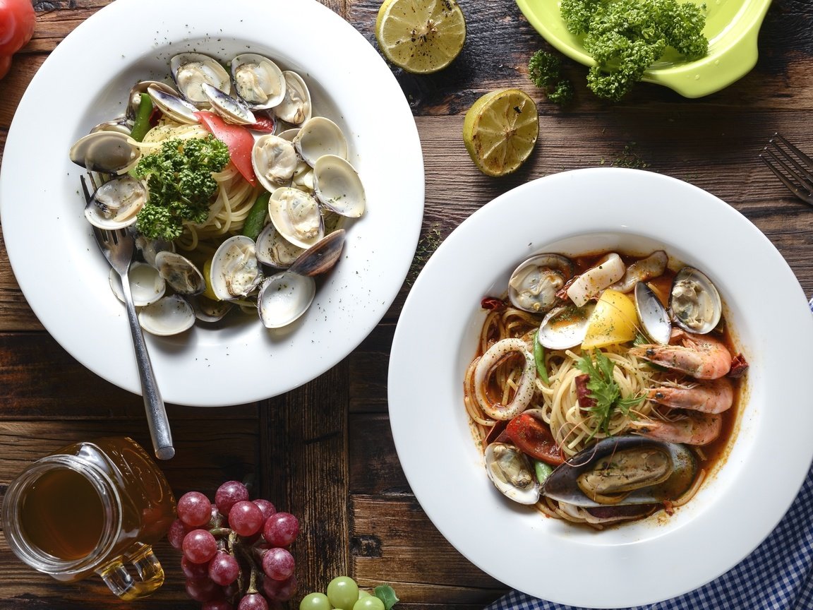 Обои морепродукты, блюда, моллюски, паста, seafood, meals, shellfish, pasta разрешение 2048x1367 Загрузить