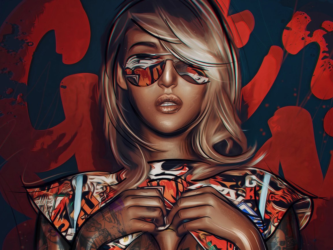 Обои арт, девушка, блондинка, очки, татуировки, лицо, art, girl, blonde, glasses, tattoo, face разрешение 1920x1437 Загрузить