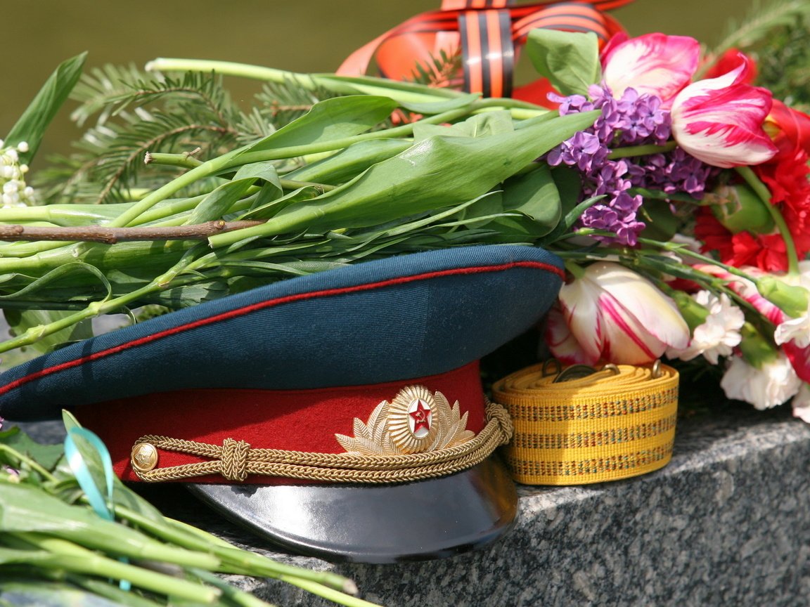 Обои цветы, день победы, фуражка, flowers, victory day, cap разрешение 2560x1600 Загрузить