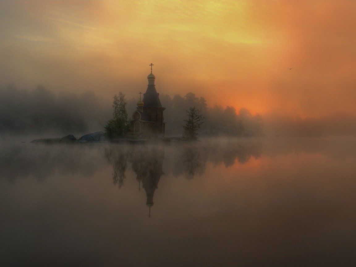 Обои река, природа, пейзаж, туман, россия, церковь, александр атоян, river, nature, landscape, fog, russia, church, alexander atoyan разрешение 1920x1200 Загрузить