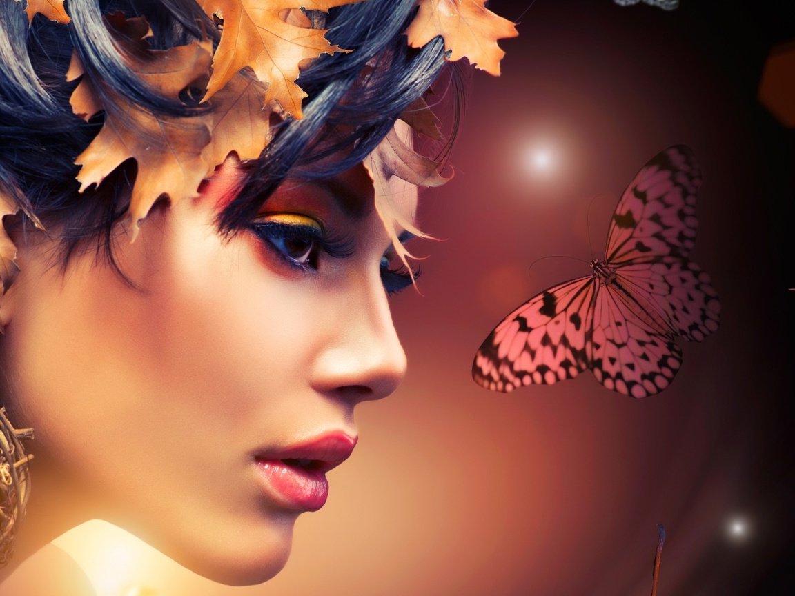 Обои абстракция, листья, девушка, бабочка, профиль, лицо, макияж, abstraction, leaves, girl, butterfly, profile, face, makeup разрешение 1920x1080 Загрузить