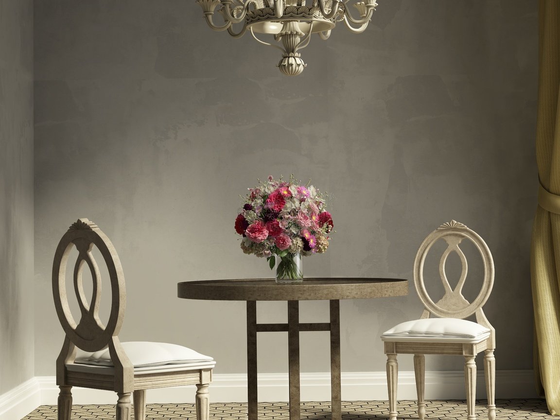 Обои стол, комната, букет, стулья, table, room, bouquet, chairs разрешение 3850x3847 Загрузить