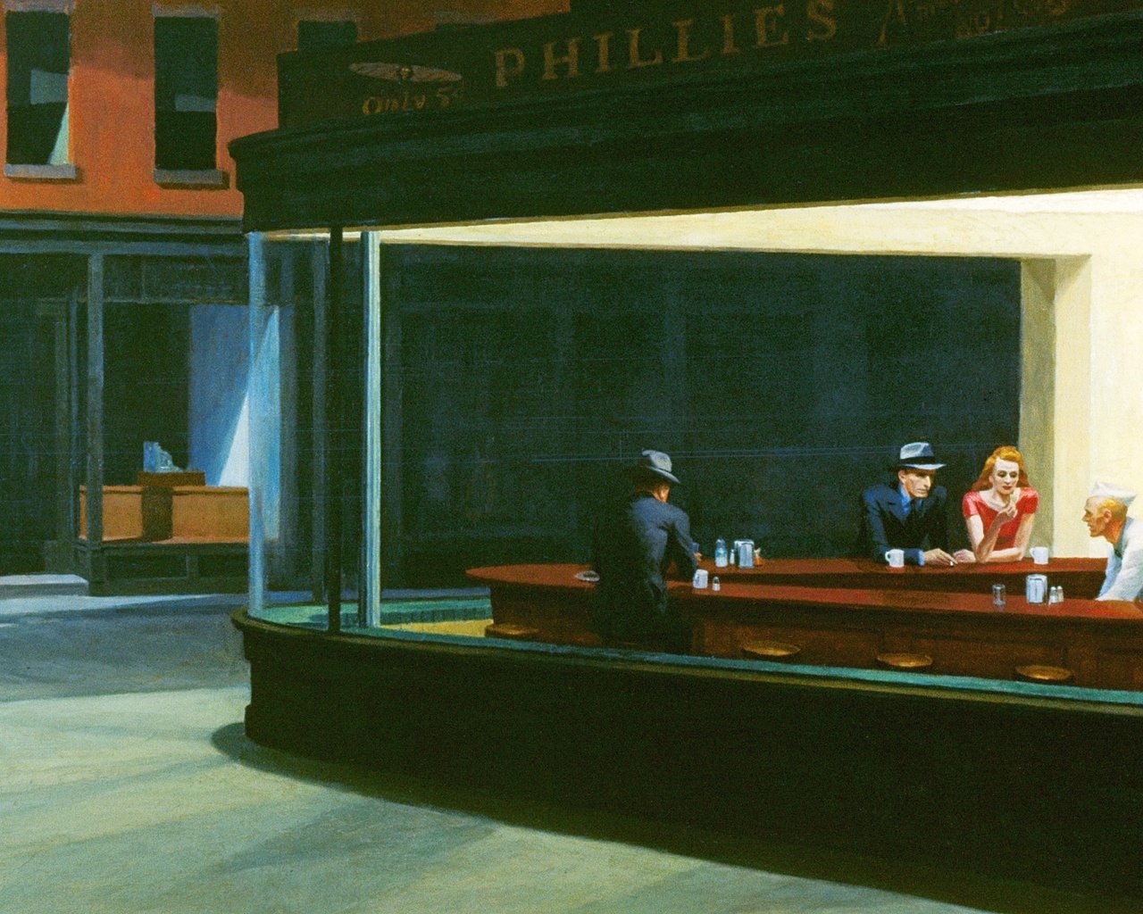 Обои рисунок, кафе, полуночники, эдвард хоппер, nighthawks, figure, cafe, night owls, edward hopper разрешение 2560x1600 Загрузить