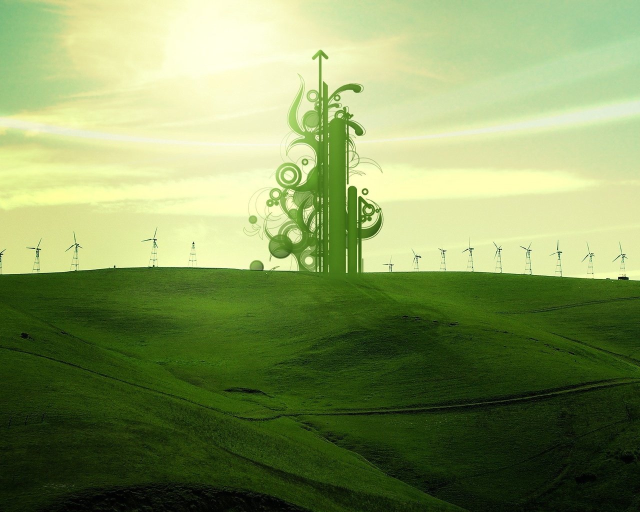 Обои зелёный, поле, обработка, ветряки, green, field, treatment, windmills разрешение 1920x1440 Загрузить