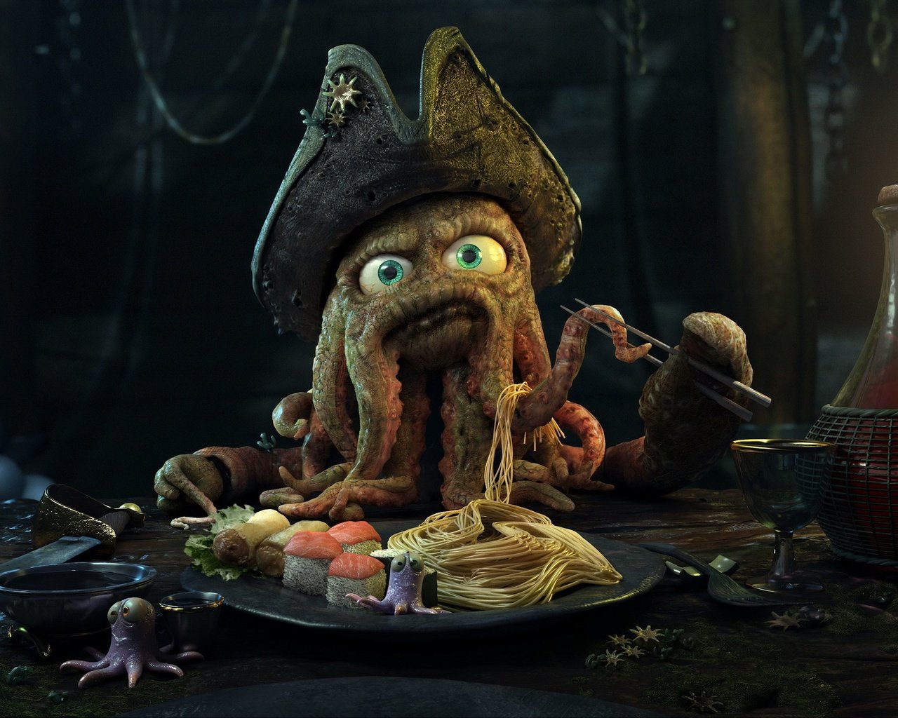 Обои осьминог, капитан, ужин, octopus, captain, dinner разрешение 2560x1600 Загрузить