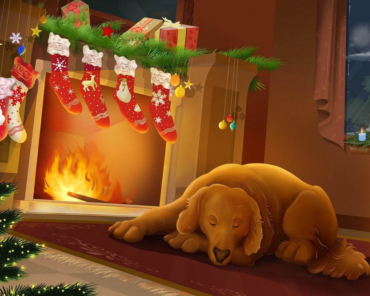 Обои ночь, новый год, собака, камин, тепло, рождество, night, new year, dog, fireplace, heat, christmas разрешение 1920x1200 Загрузить