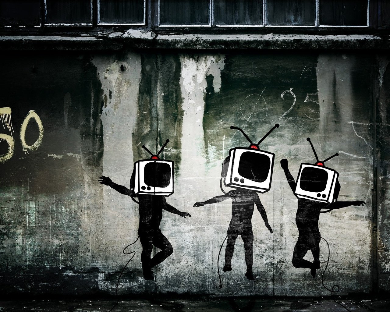 Обои телевизор, стена, граффити, tv, wall, graffiti разрешение 1920x1440 Загрузить