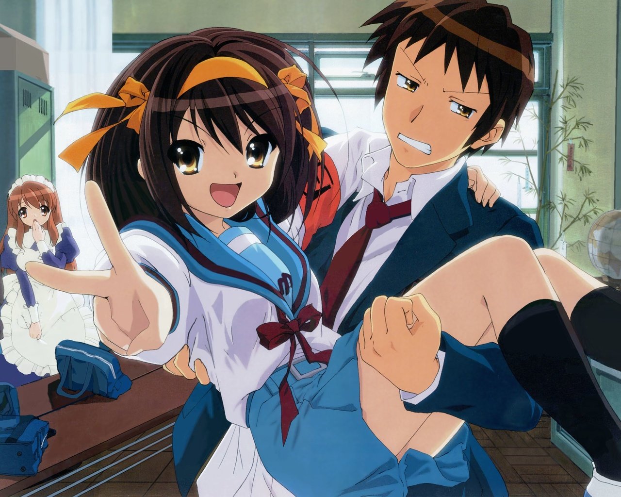 Обои asahina mikuru, kyon, nagato yuki, suzumiya haruhi, suzumiya haruhi no yuutsu разрешение 2593x1600 Загрузить