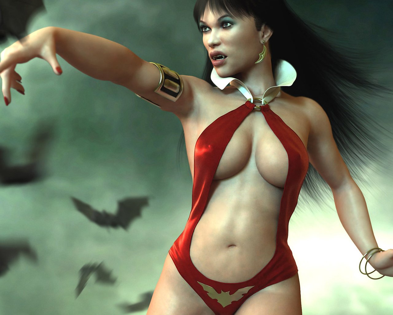 Обои девушка, туман, клыки, вампир, vampirella, летучие мыши, girl, fog, fangs, vampire, bats разрешение 1920x1200 Загрузить