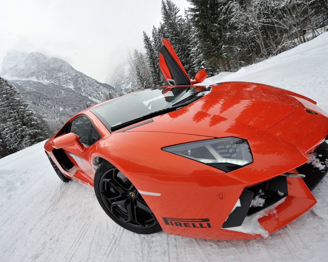 Обои снег, ракурс, спорткар, моська, lamborghini aventador lp700-4, snow, view, sports car, pug разрешение 2560x1703 Загрузить