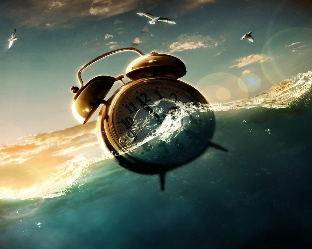 Обои будильник в воде, alarm clock in water разрешение 2560x1600 Загрузить