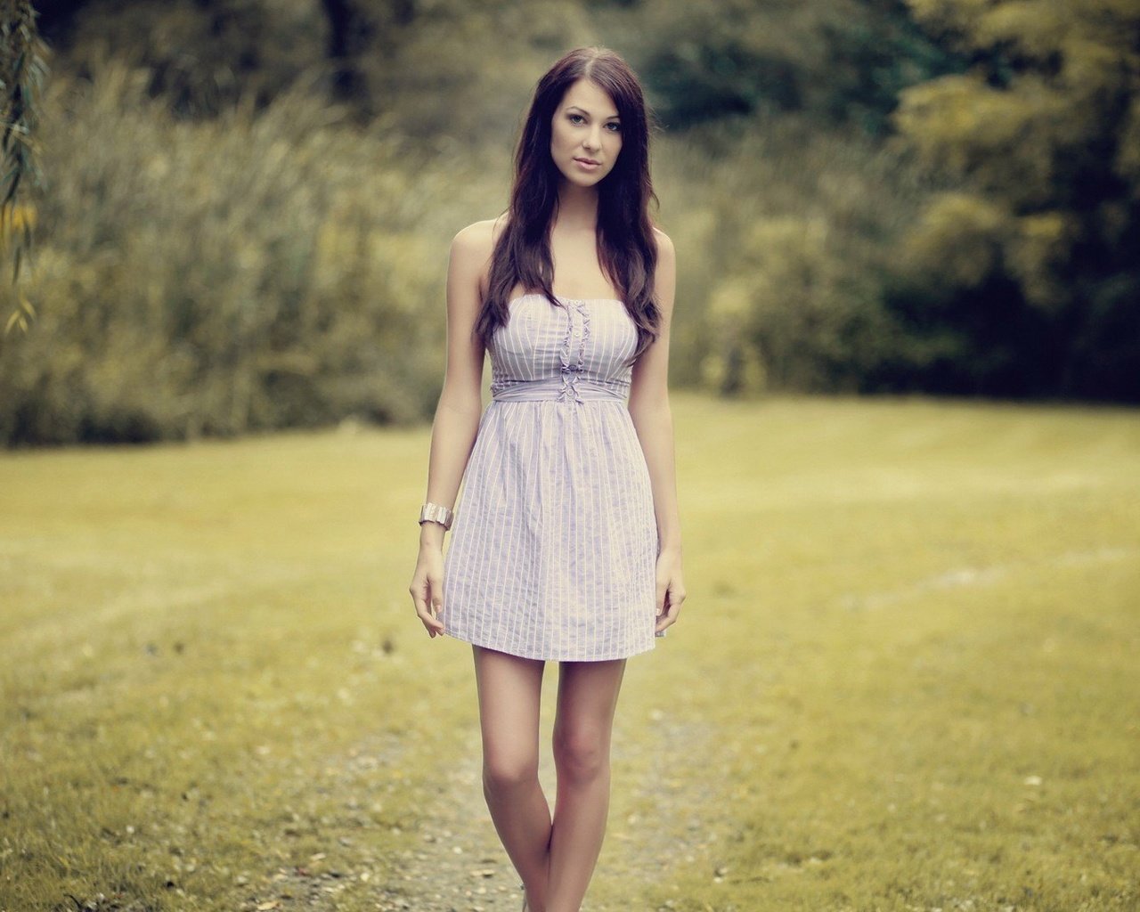 Обои природа, девушка, платье, поза, брюнетка, взгляд, ножки, nature, girl, dress, pose, brunette, look, legs разрешение 1920x1080 Загрузить