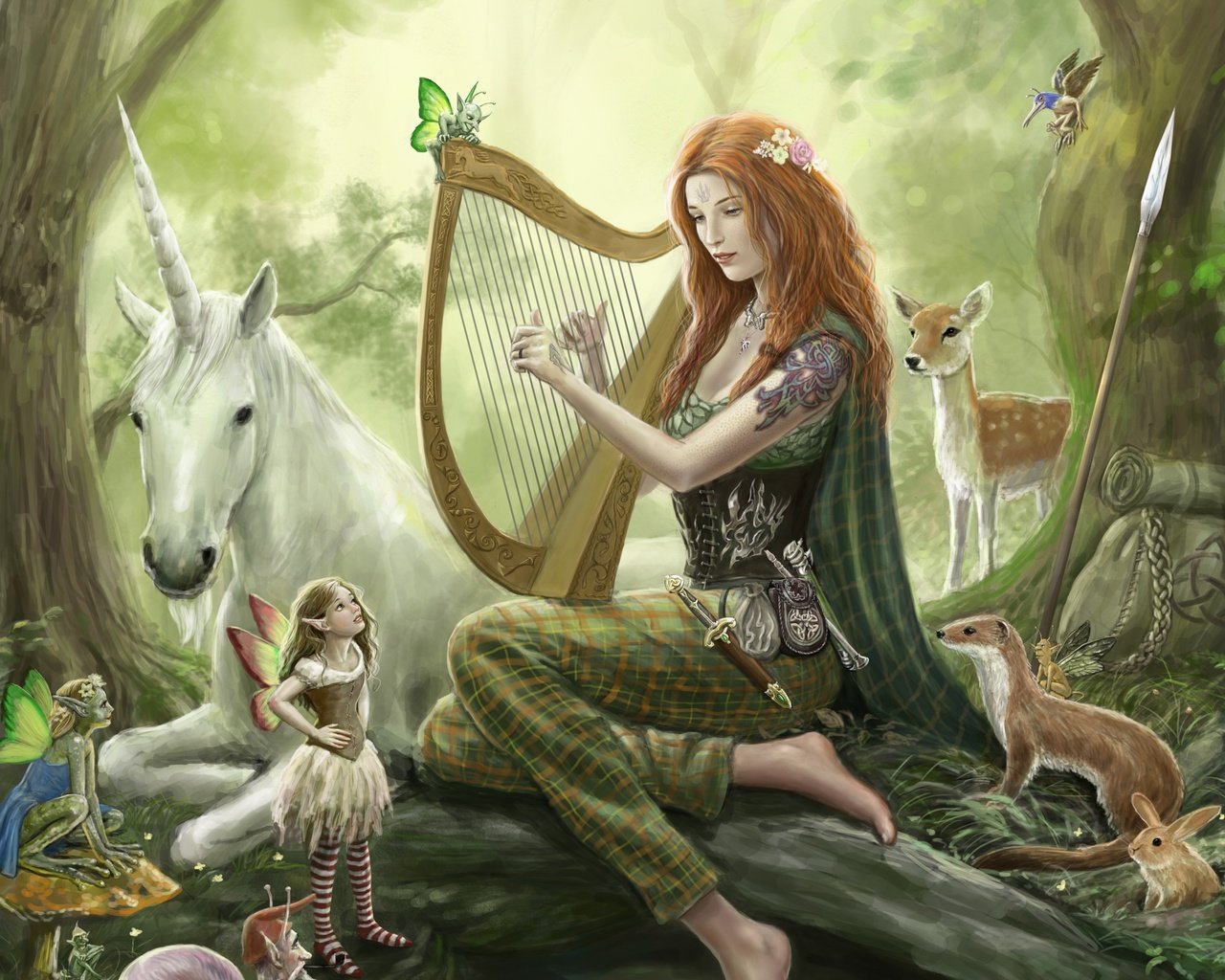 Обои арт, копье, лес, арфа, девушка, косуля, музыка, фея, рюкзак, единорог, звери, art, spear, forest, harp, girl, roe, music, fairy, backpack, unicorn, animals разрешение 3104x2407 Загрузить