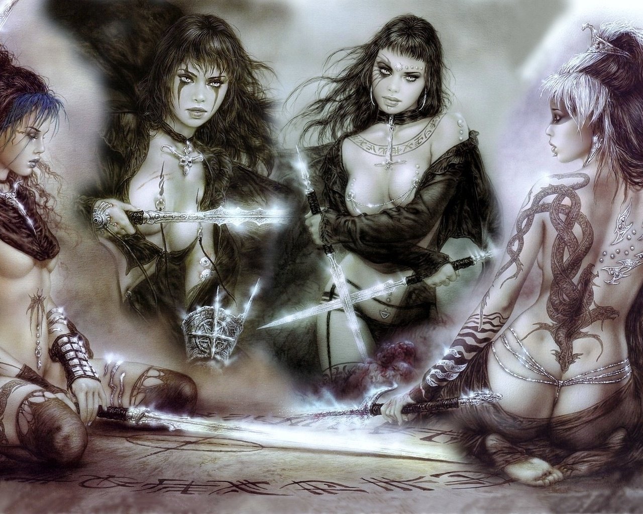 Обои девушки, тату, мечи, луис ройо, girls, tattoo, swords, luis royo разрешение 1920x1200 Загрузить