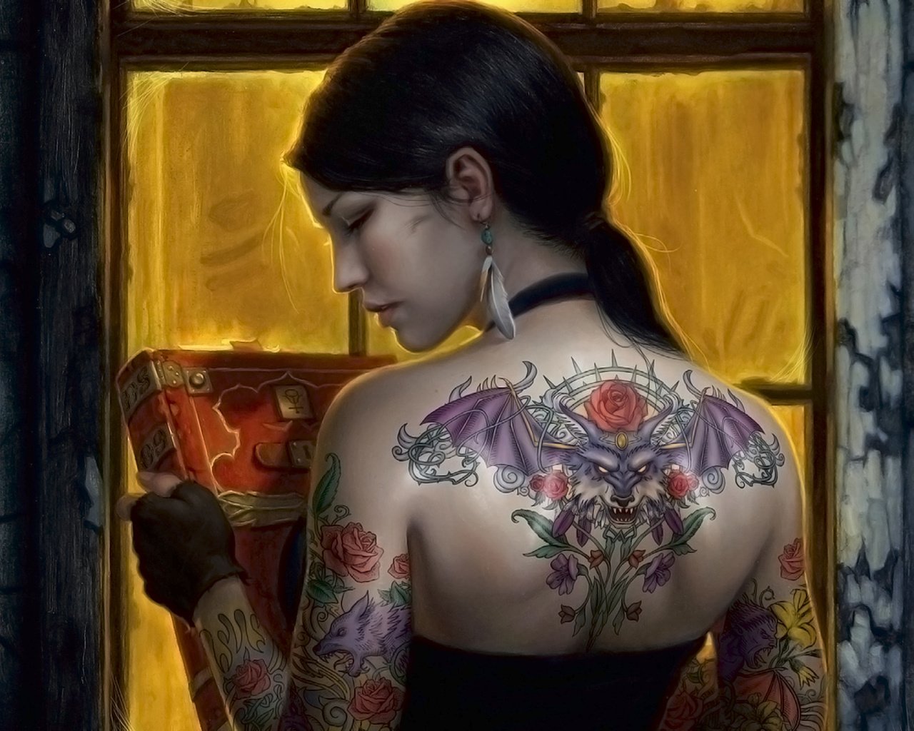 Обои девушка, брюнетка, татуировки, спина, окно, книга, girl, brunette, tattoo, back, window, book разрешение 1920x1200 Загрузить