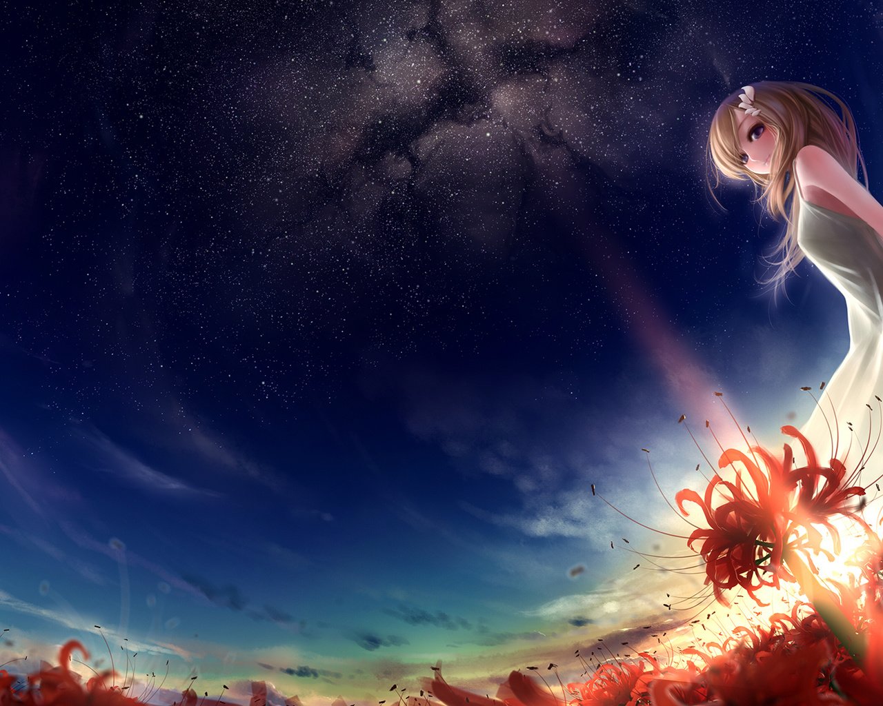 Обои небо, цветы, девушка, звезды, аниме,  цветы, red stars, the sky, flowers, girl, stars, anime разрешение 1920x1080 Загрузить