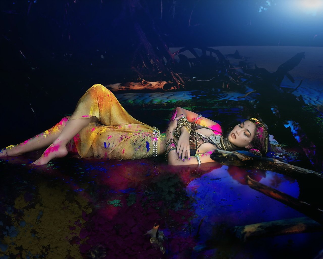 Обои вода, девушка, фон, поза, краски, азиатка, water, girl, background, pose, paint, asian разрешение 1920x1200 Загрузить