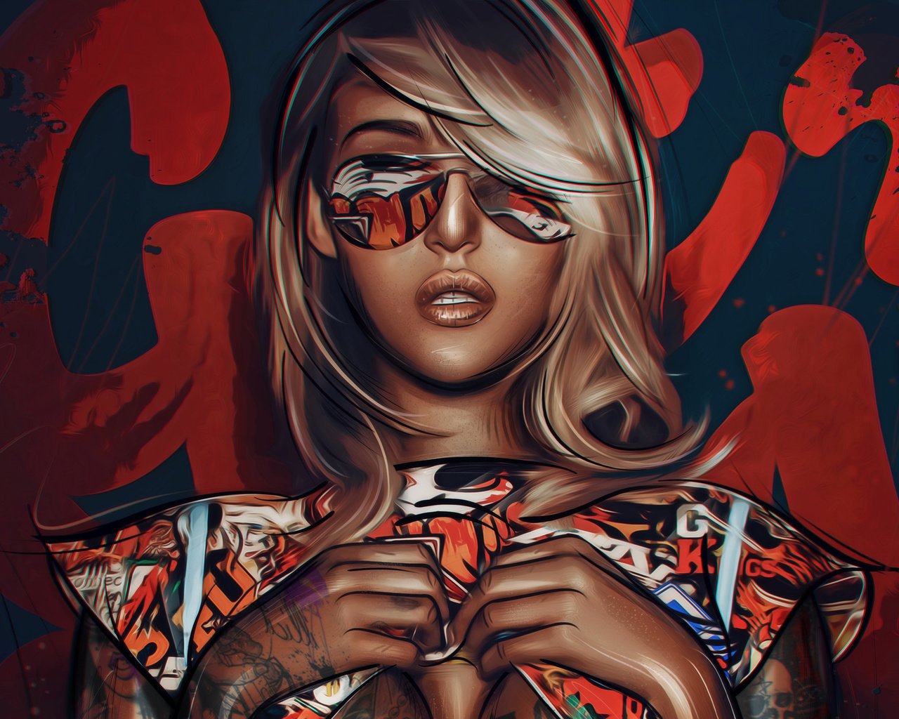 Обои арт, девушка, блондинка, очки, татуировки, лицо, art, girl, blonde, glasses, tattoo, face разрешение 1920x1437 Загрузить