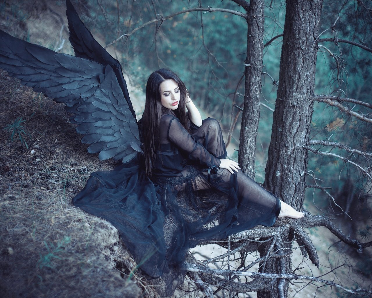 Обои лес, девушка, крылья, ангел, черные крылья, forest, girl, wings, angel, black wings разрешение 5616x3744 Загрузить