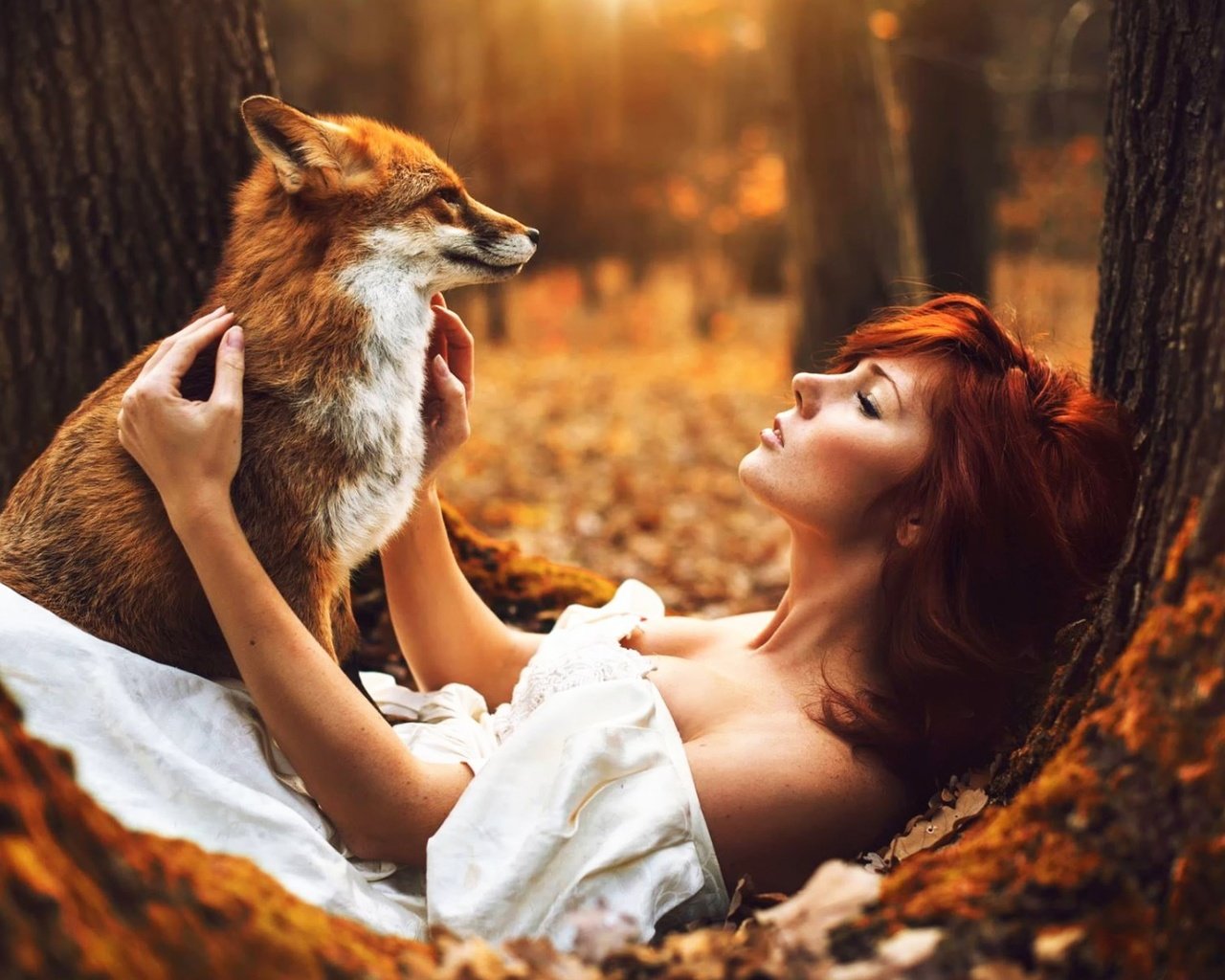 Обои лес, животные, осень, девушки, лиса, рыжеволосая, forest, animals, autumn, girls, fox, redhead разрешение 1920x1200 Загрузить