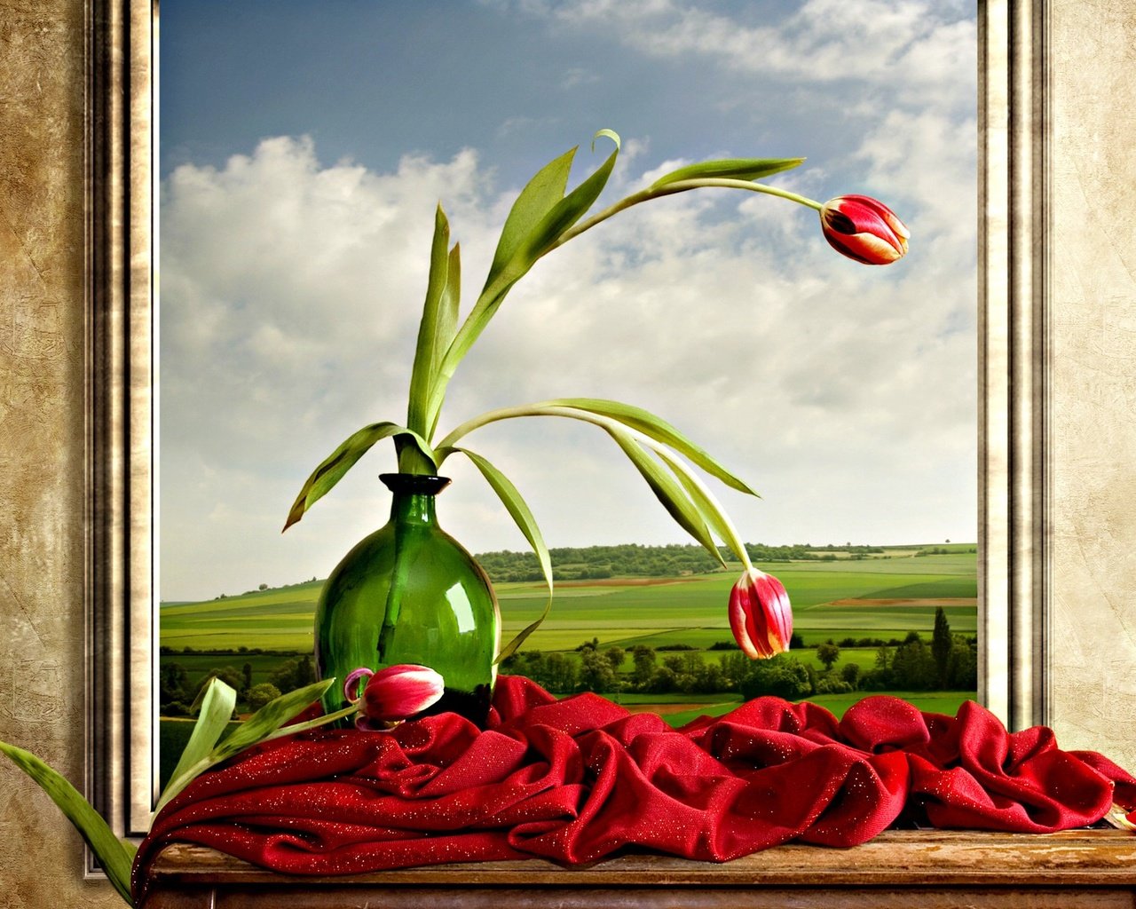 Обои цветы, картина, стена, ткань, букет, тюльпаны, ваза, натюрморт, flowers, picture, wall, fabric, bouquet, tulips, vase, still life разрешение 1920x1200 Загрузить