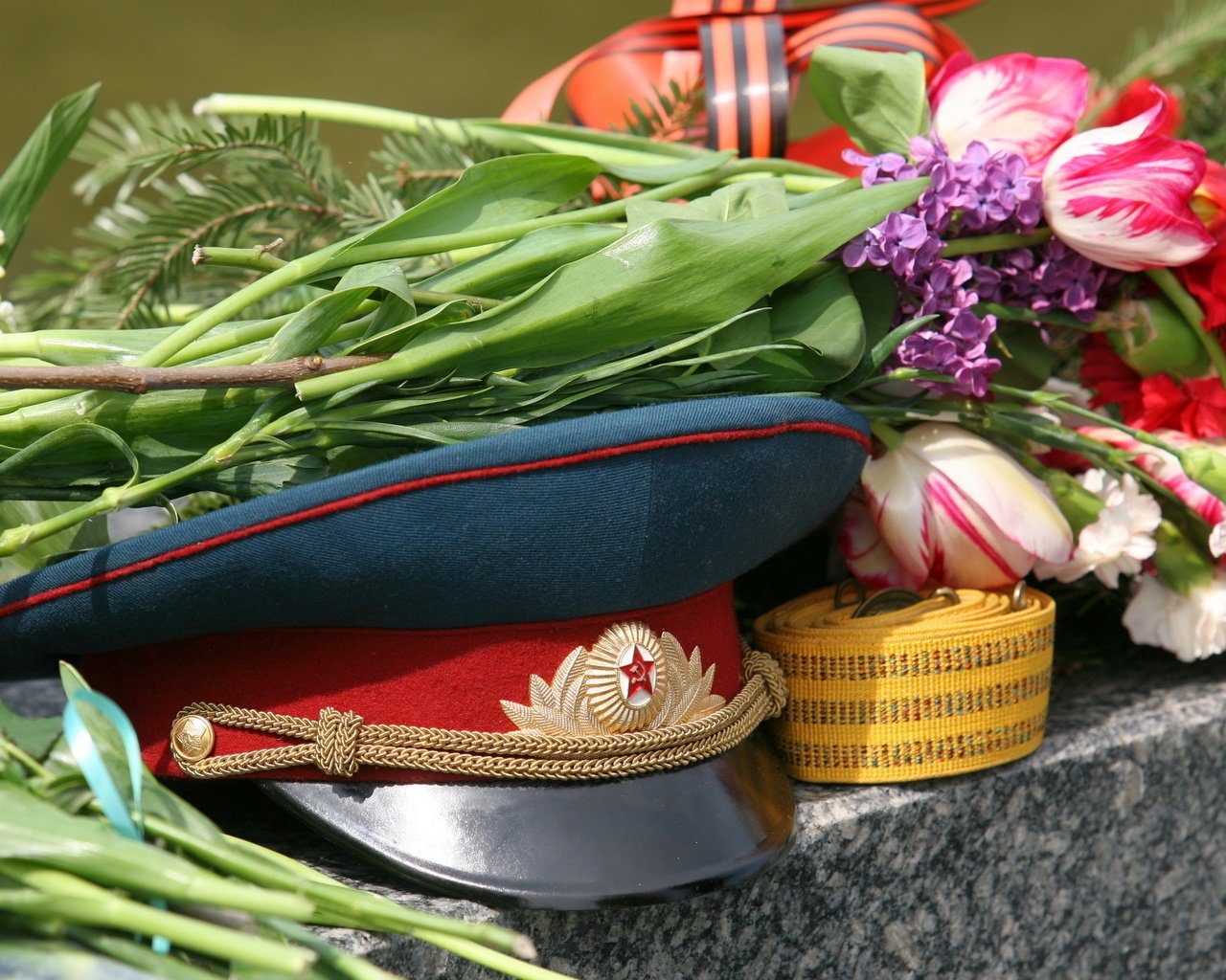 Обои цветы, день победы, фуражка, flowers, victory day, cap разрешение 2560x1600 Загрузить