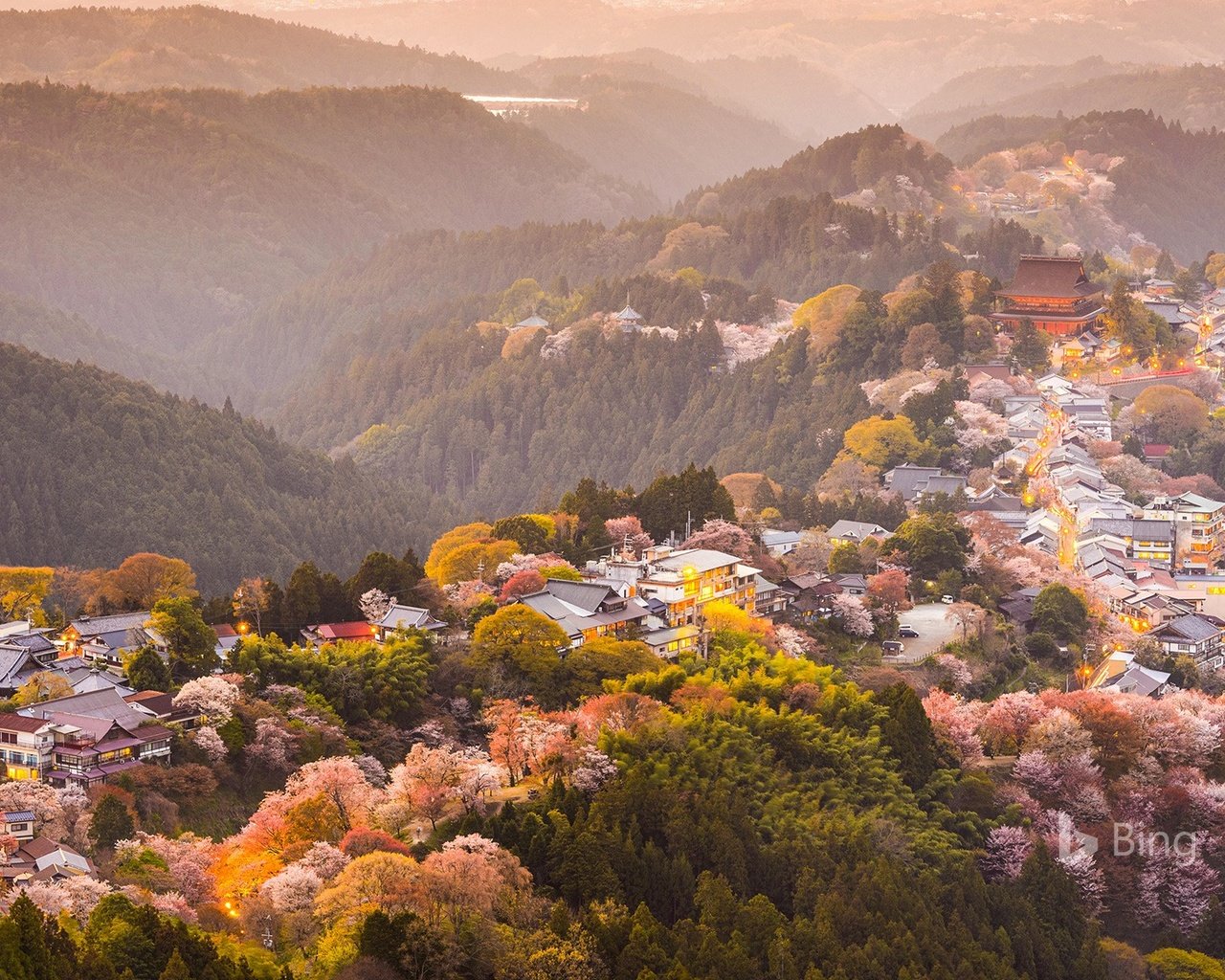 Обои деревья, горы, цветение, город, япония, весна, сакура, yoshino, trees, mountains, flowering, the city, japan, spring, sakura разрешение 1920x1200 Загрузить