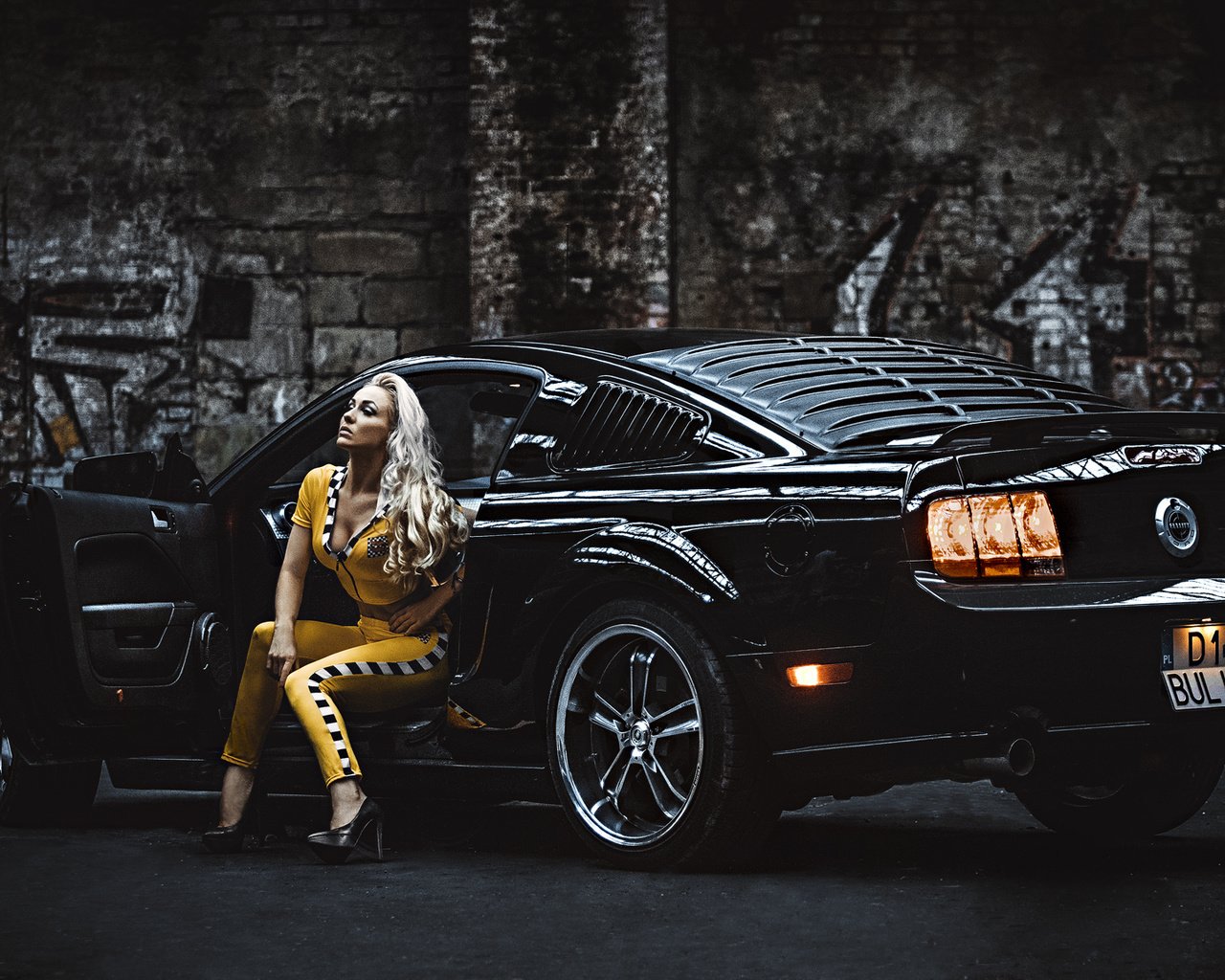 Обои девушка, блондинка, модель, автомобиль, мустанг, ford mustang, фон.jpg, girl, blonde, model, car, mustang, ford разрешение 2048x1152 Загрузить