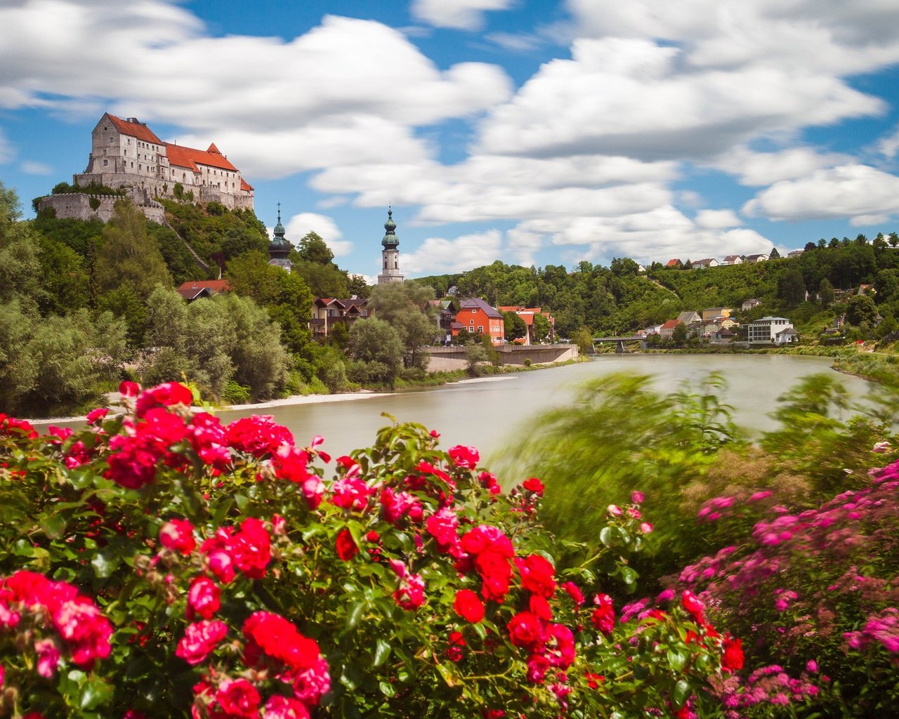 Обои бургхаузен, цветы, salzach river, река, замок бургхаузен, кусты, река зальцах, замок, розы, германия, бавария, баварии, burghausen, flowers, river, burghausen castle, the bushes, the salzach river, castle, roses, germany, bayern, bavaria разрешение 4381x2921 Загрузить