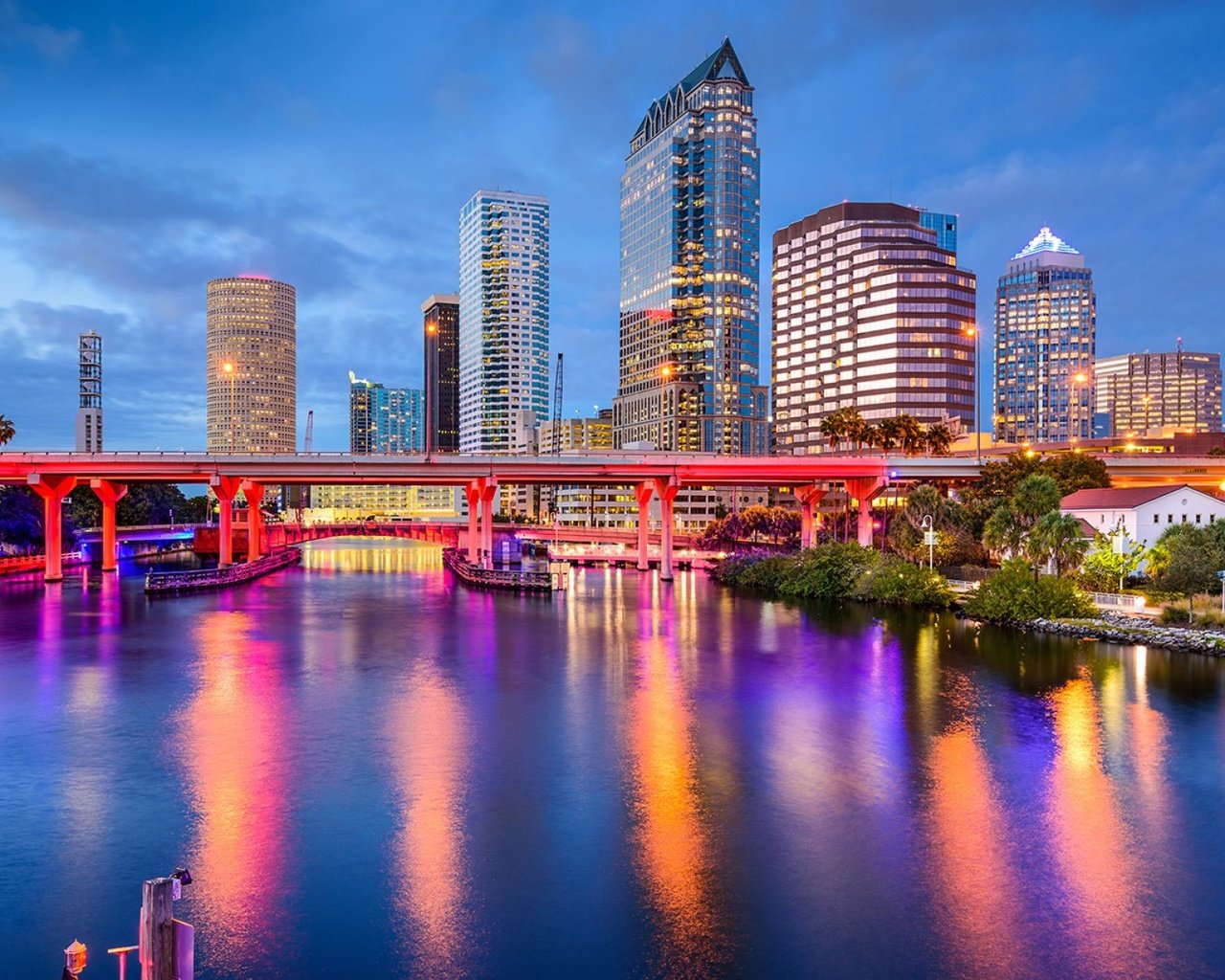 Обои ночь, огни, мост, город, сша, штат флорида, тампа, night, lights, bridge, the city, usa, florida, tampa разрешение 1920x1200 Загрузить