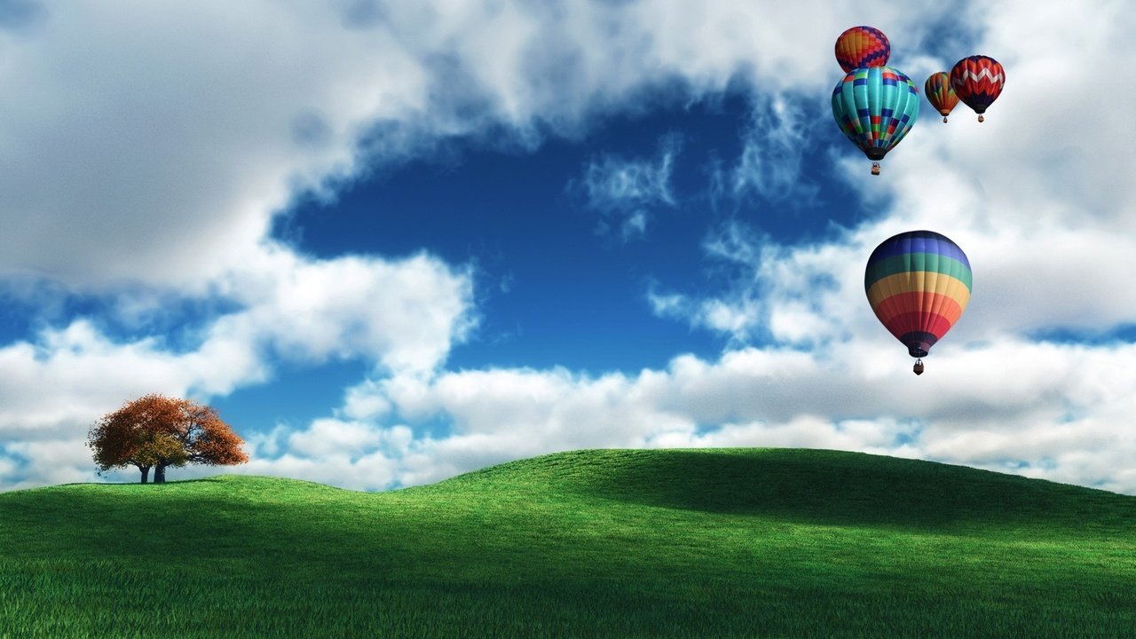 Обои облака, дерево, шары, поле, воздушные, clouds, tree, balls, field, air разрешение 1920x1200 Загрузить
