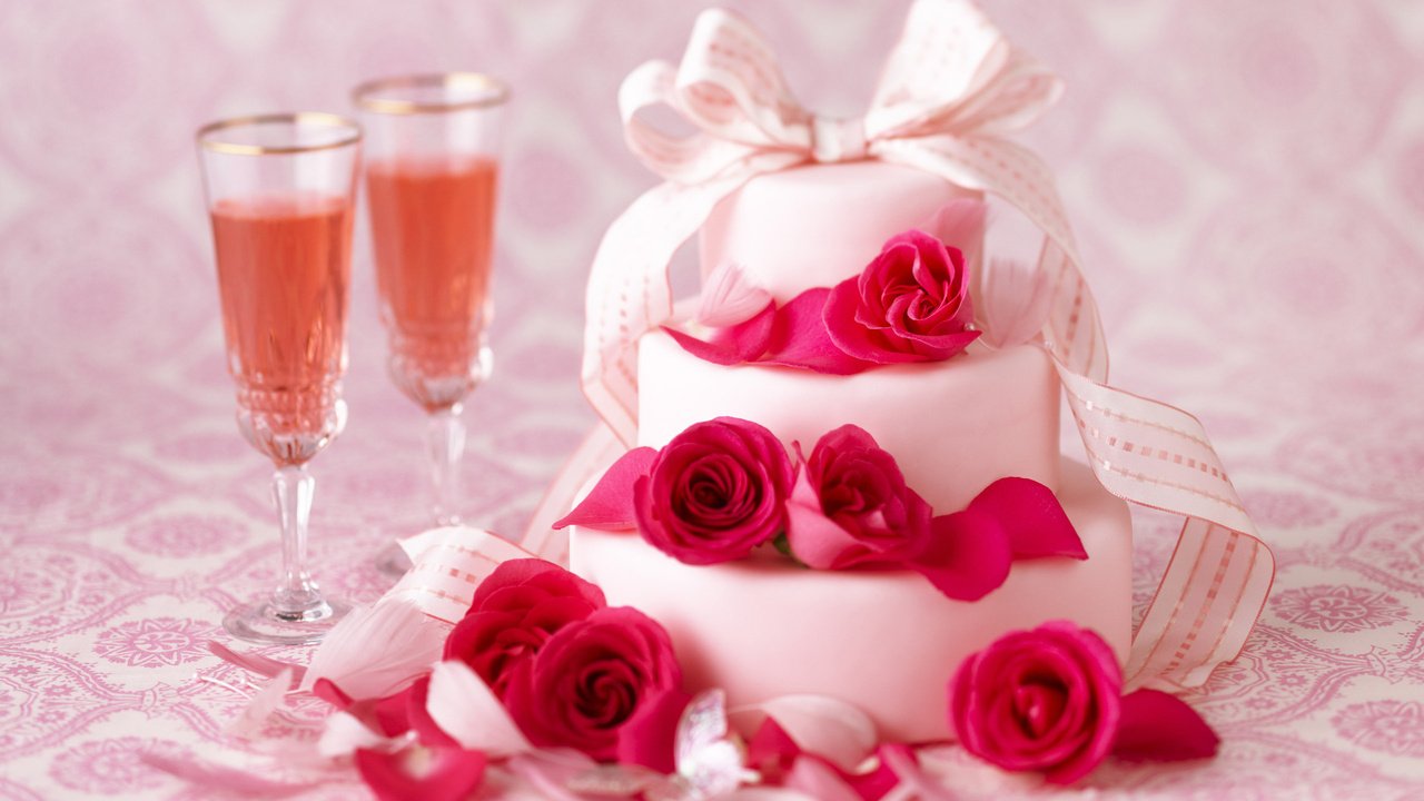 Обои розы, вино, бокалы, праздник, шампанское, торт, тортик, roses, wine, glasses, holiday, champagne, cake разрешение 2560x1600 Загрузить
