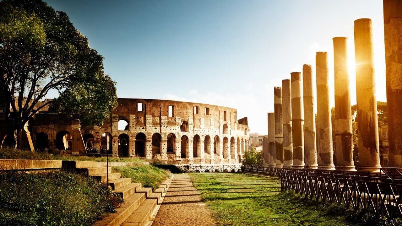 Обои солнце, дерево, закат, италия, колонны, колизей, рим, the sun, tree, sunset, italy, columns, colosseum, rome разрешение 2560x1600 Загрузить