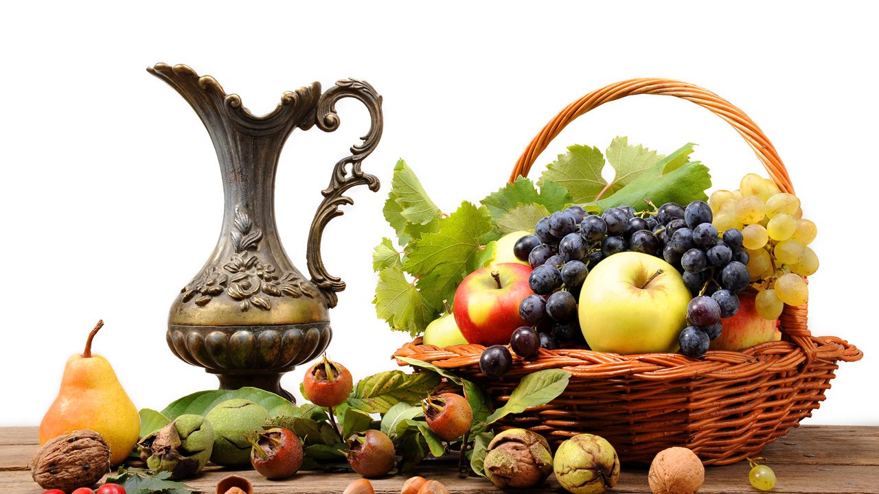 Обои орехи, натюрморт, виноград, груша, фрукты, яблоки, стол, шиповник, корзина, кувшин, nuts, still life, grapes, pear, fruit, apples, table, briar, basket, pitcher разрешение 2560x1600 Загрузить