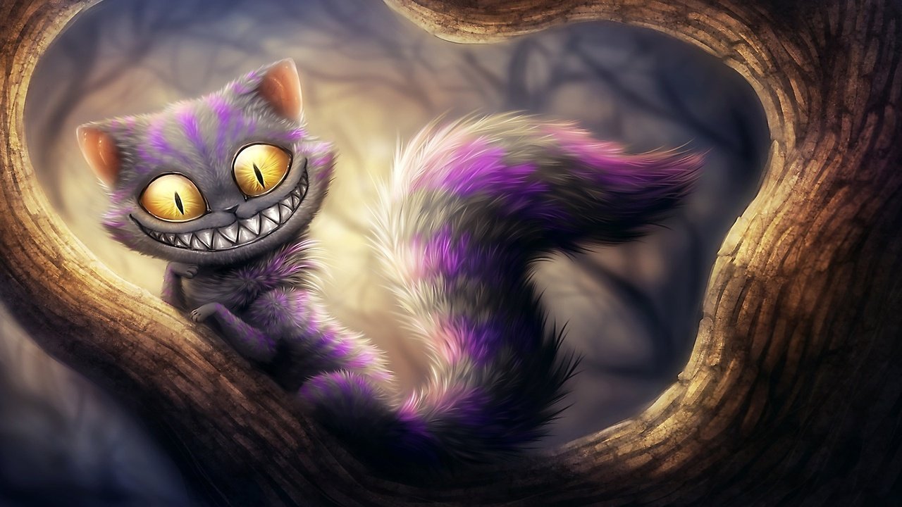 Обои чеширский кот на дереве, cheshire cat in a tree разрешение 2560x1440 Загрузить