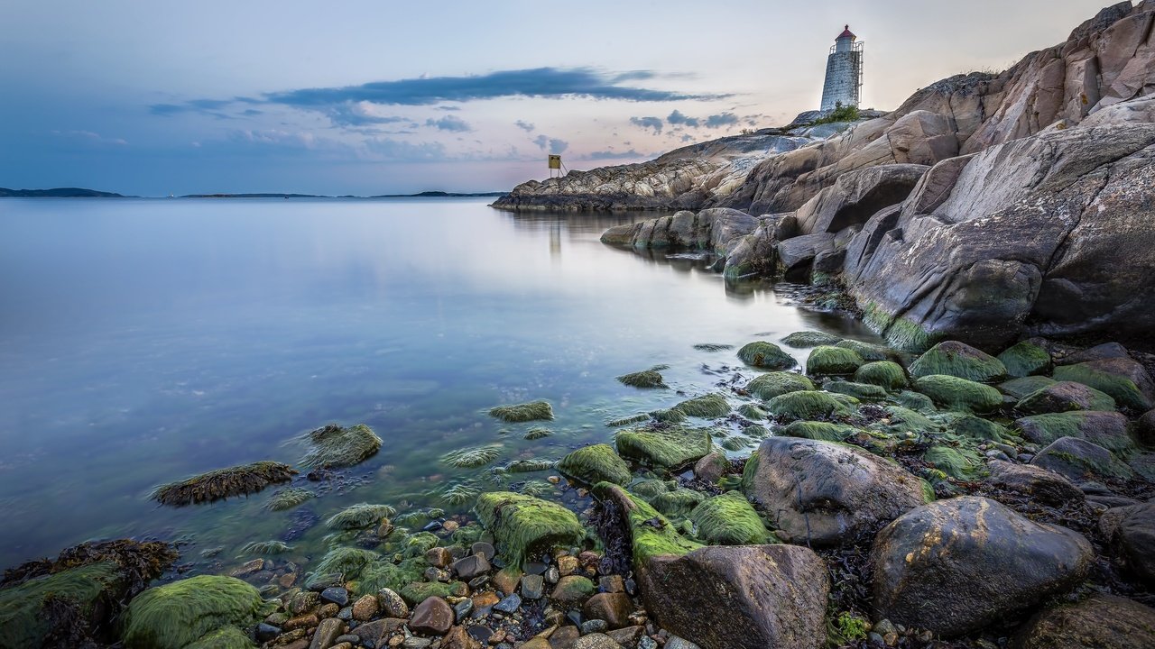 Обои скалы, камни, берег, пейзаж, море, маяк, rocks, stones, shore, landscape, sea, lighthouse разрешение 2560x1600 Загрузить