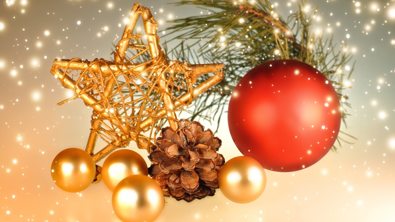 Обои новый год, шары, звезда, шишка, рождество, декор, new year, balls, star, bump, christmas, decor разрешение 3840x2400 Загрузить