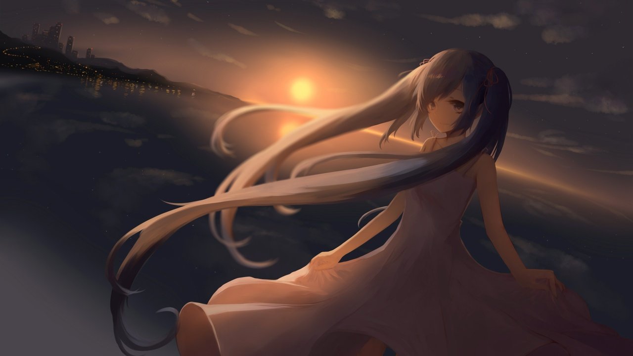 Обои облака, закат, города, вокалоид, twintails, в платье, мику хацунэ, clouds, sunset, city, vocaloid, dress, hatsune miku разрешение 2480x1748 Загрузить